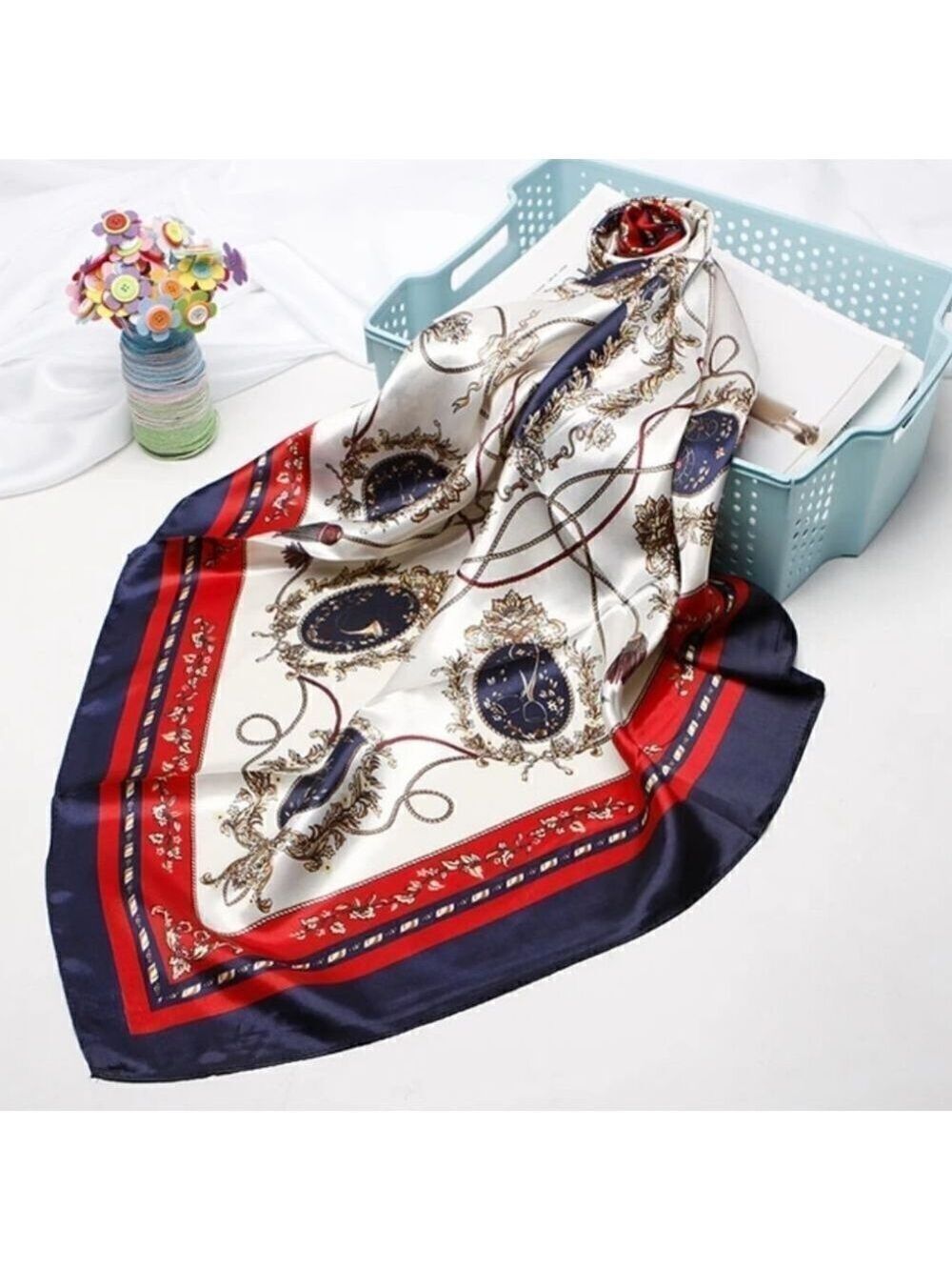 Scarf Headwraps for Women Silky Scarf Navy Satin Print 35 x 35